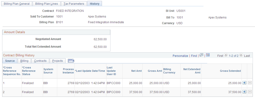 Billing Plan - History page