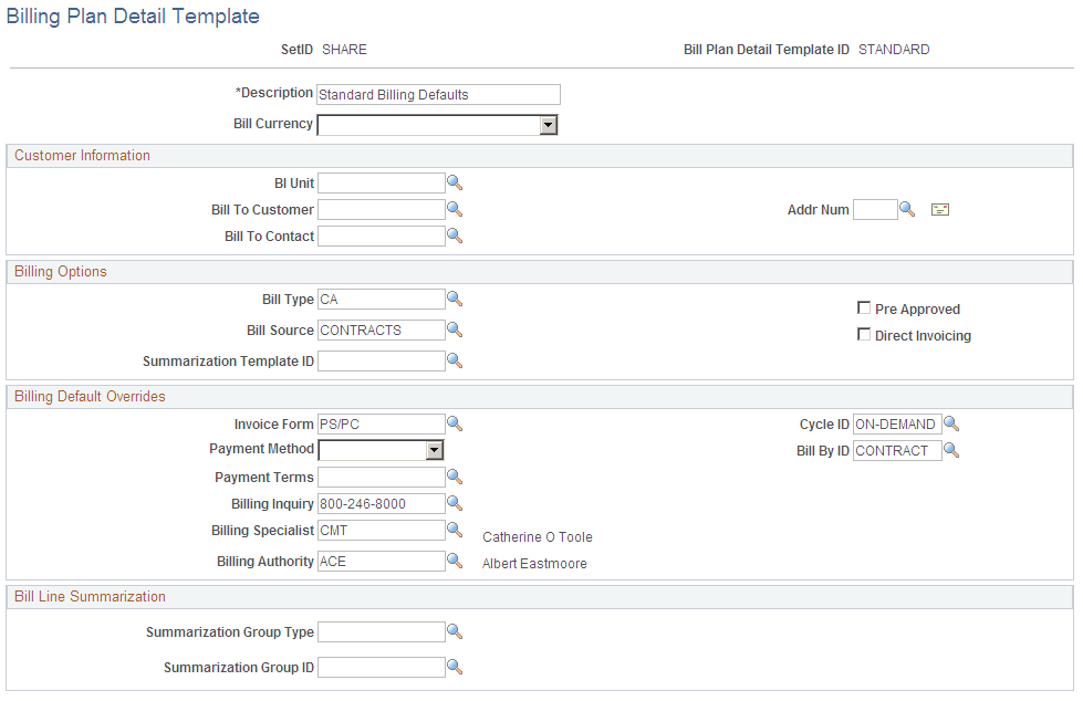 Billing Plan Detail Template page