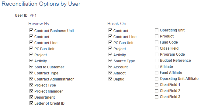 Reconciliation Options by User page