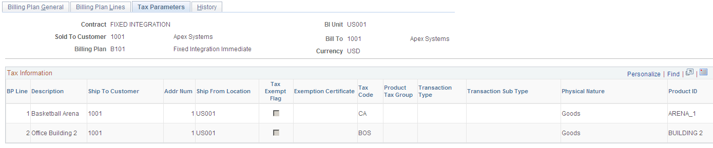 Billing Plan - Tax Parameters page