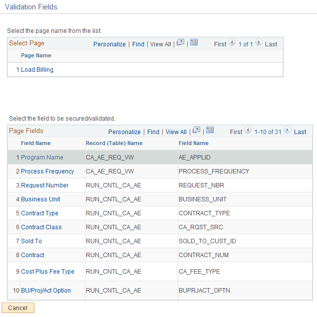 Validation Fields page