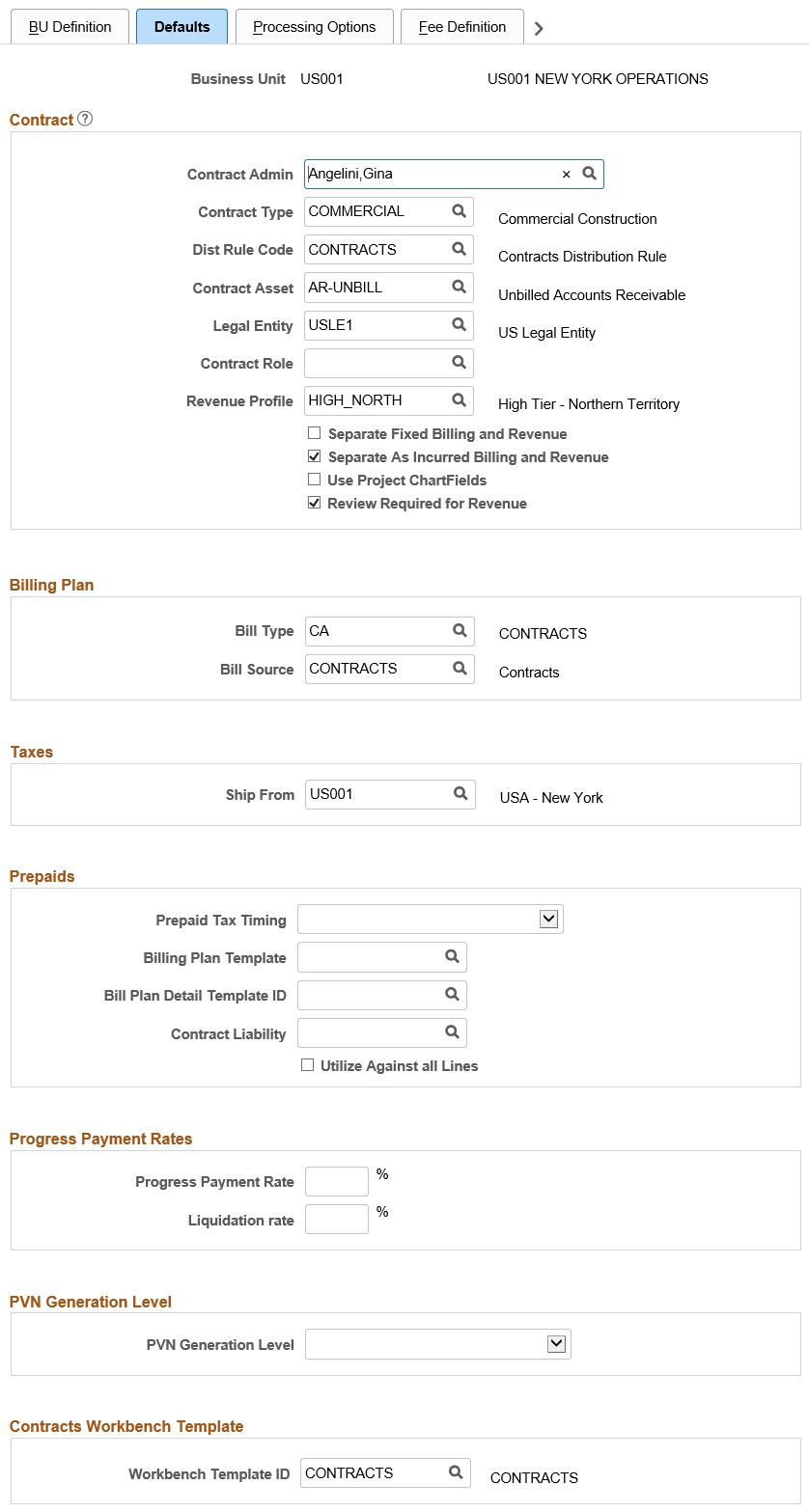 Contracts Defaults page