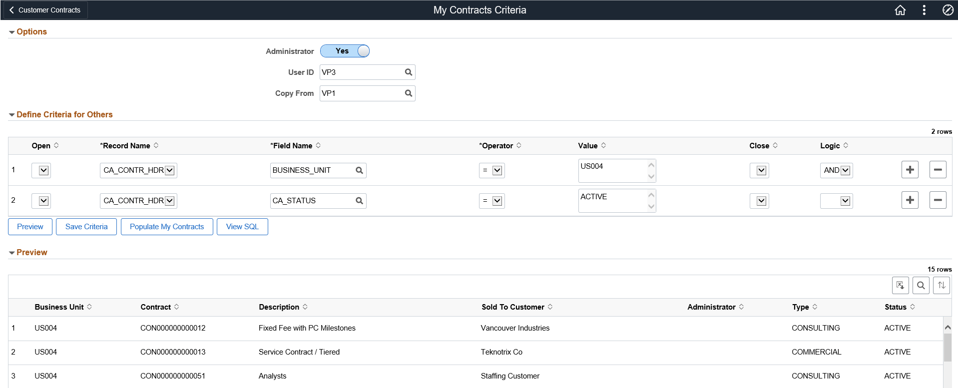 My Contracts Criteria page