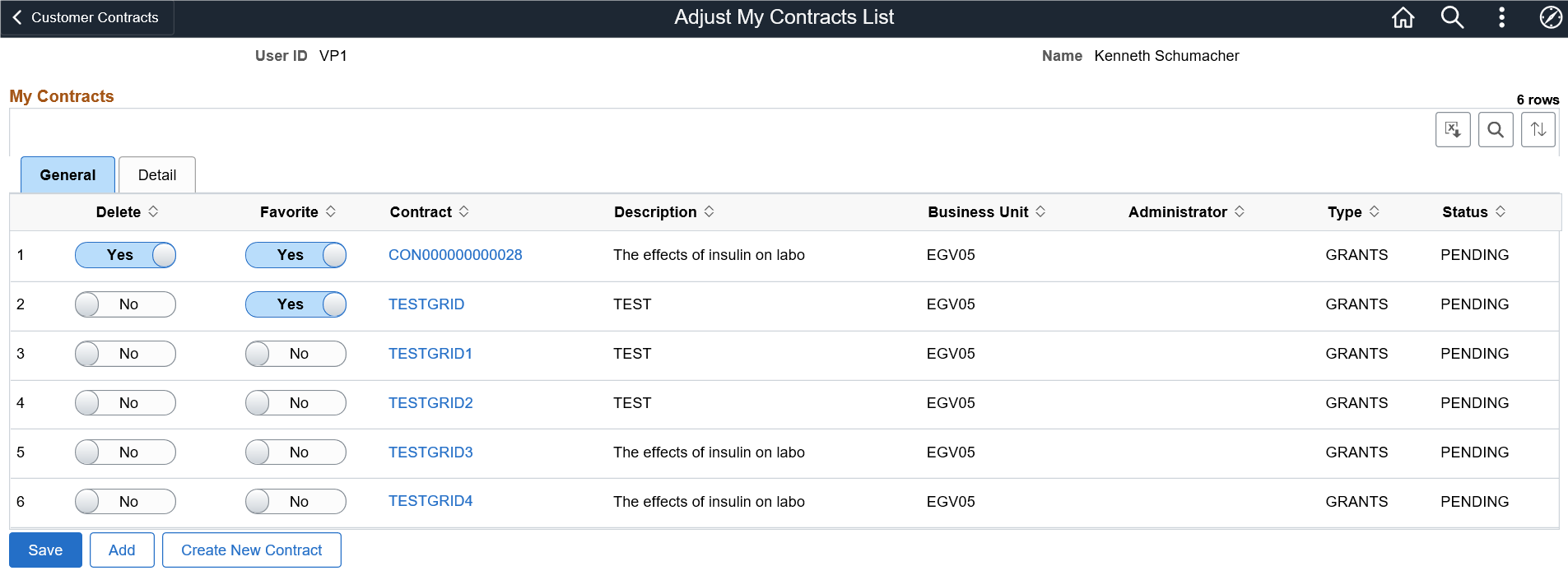 Adjust My Contracts List page