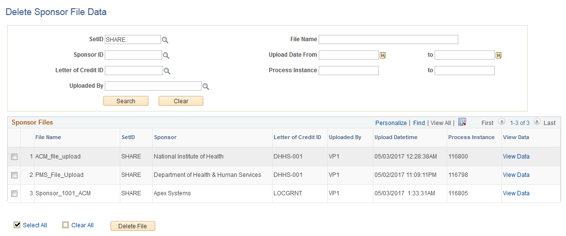 Delete Sponsor File Data Page