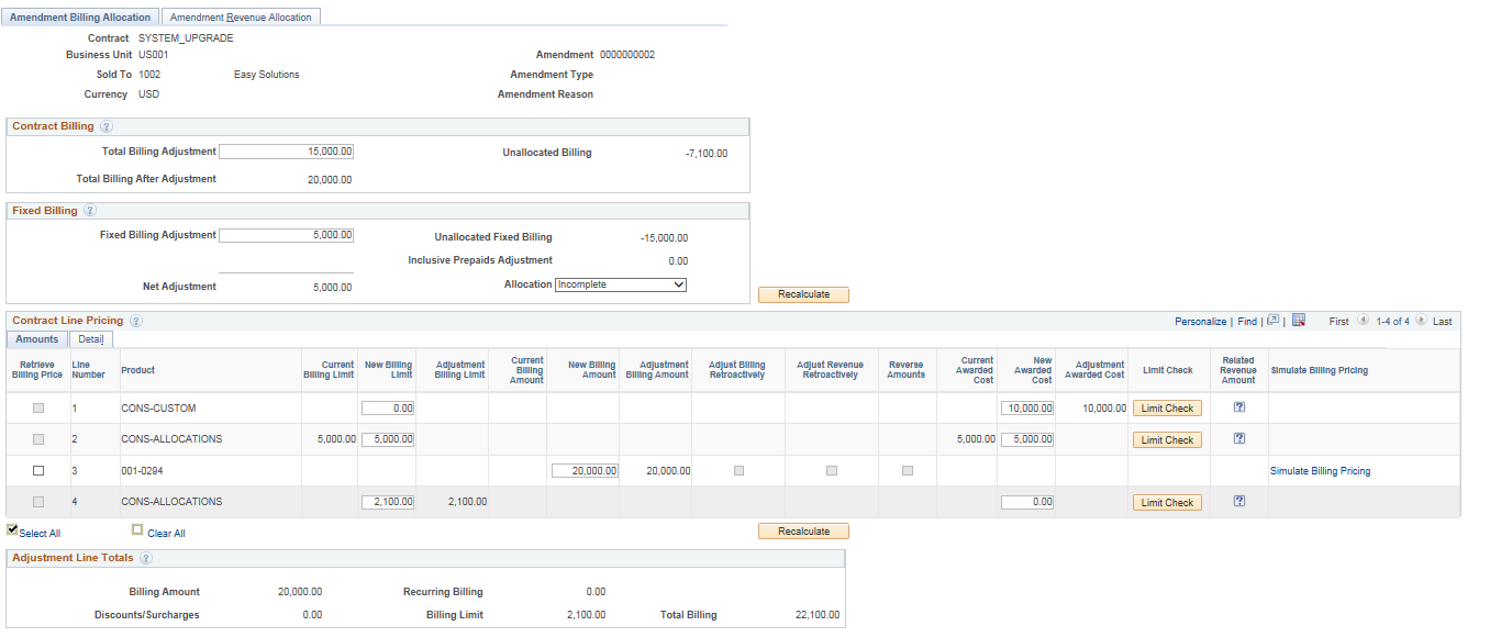 Amendment Billing Allocation page