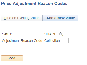 Price Adjustment Reason Codes - Add page