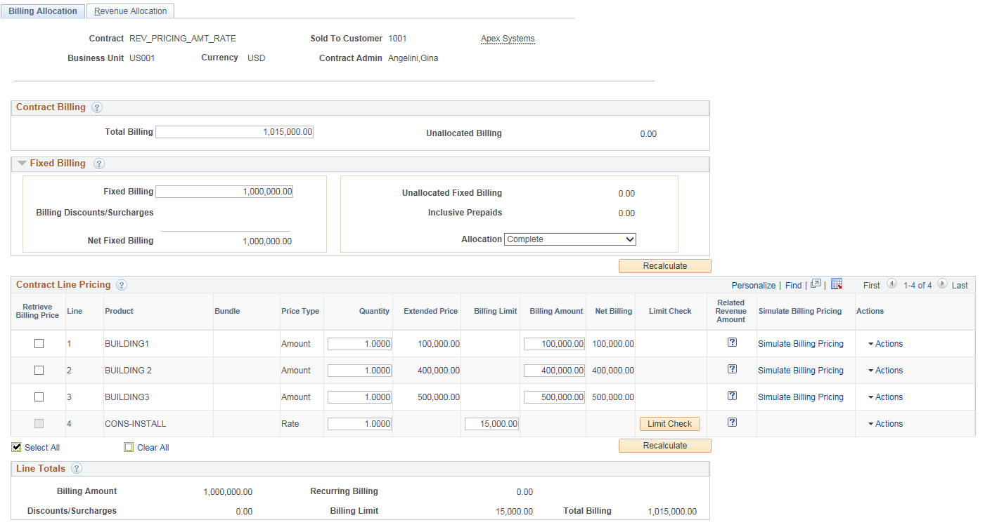 Billing Allocation page