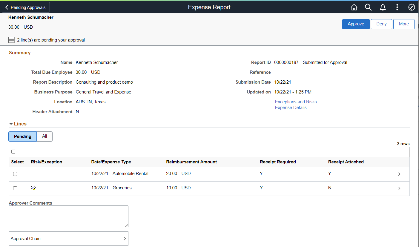 Pending Approvals - Expense Report (Header)