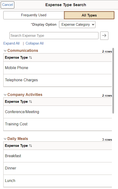 Expense Type Search - All Types (SFF)