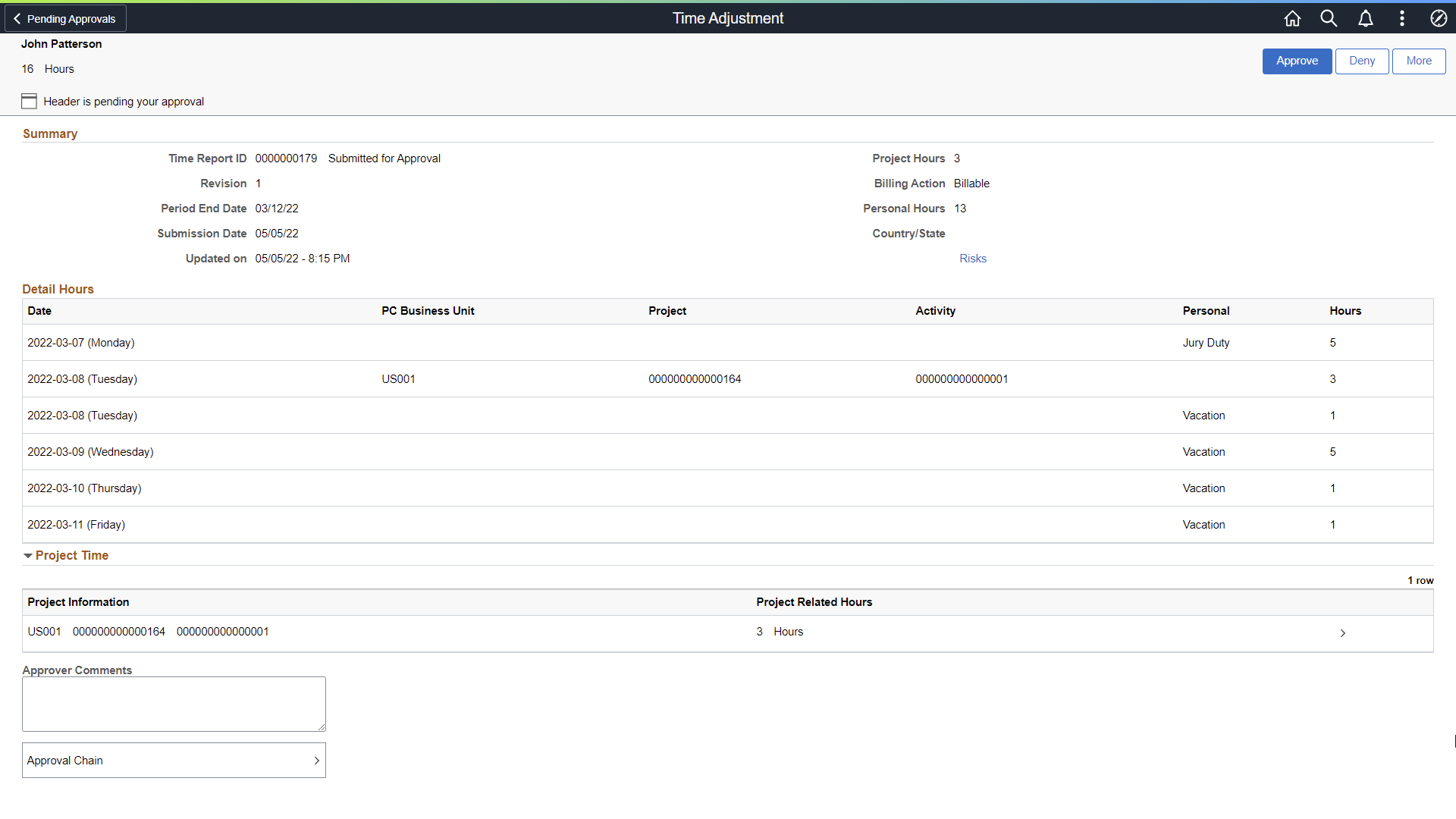 Pending Approvals - Time Adjustment