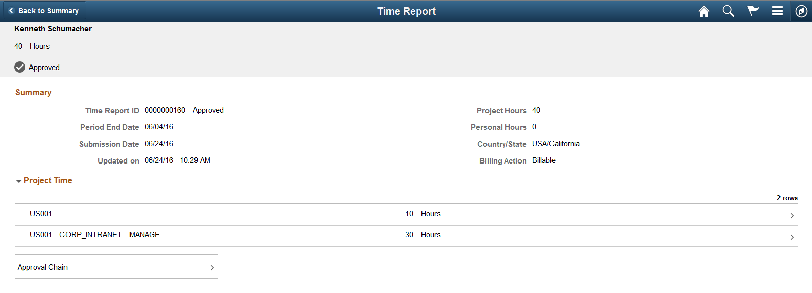 Approval History - Time Report Page (Header Approval)