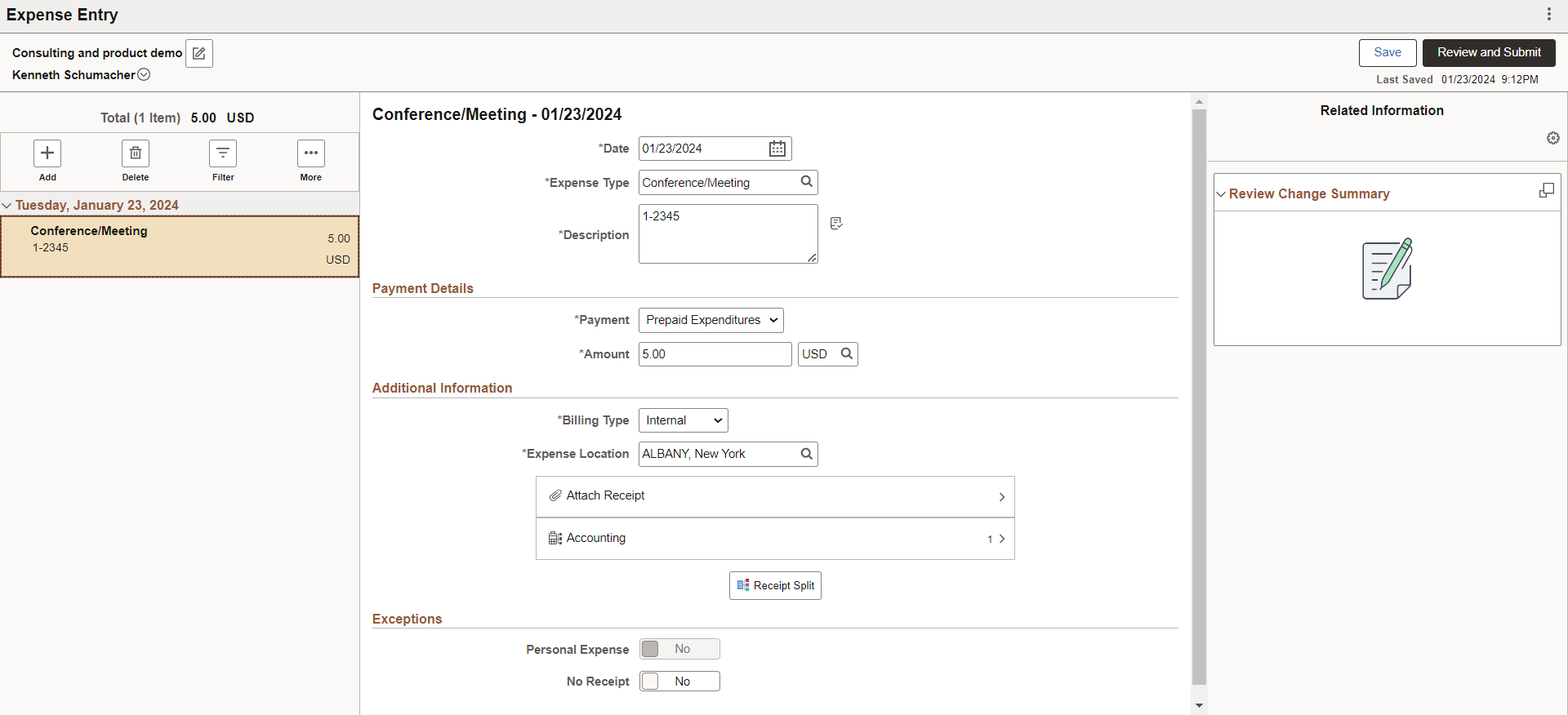 My Expense Reports - Expense Entry page