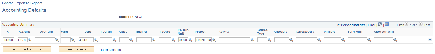 Accounting Defaults page