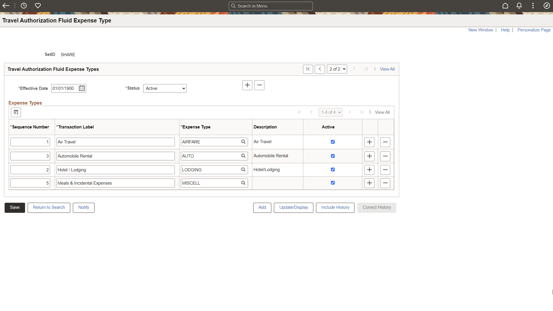 Travel Authorization Fluid Expense Type