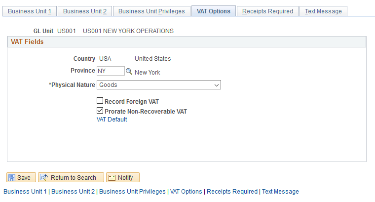 Expenses Definition - VAT Options page