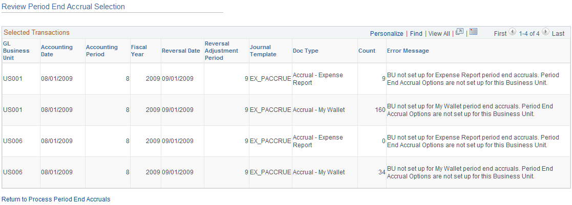 Review Period End Accrual Selection page