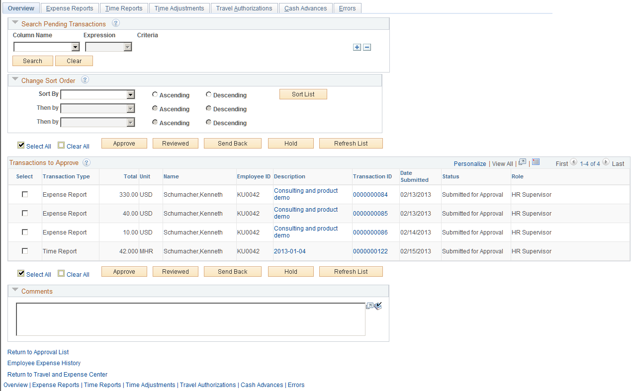 Approve Transactions - Overview page