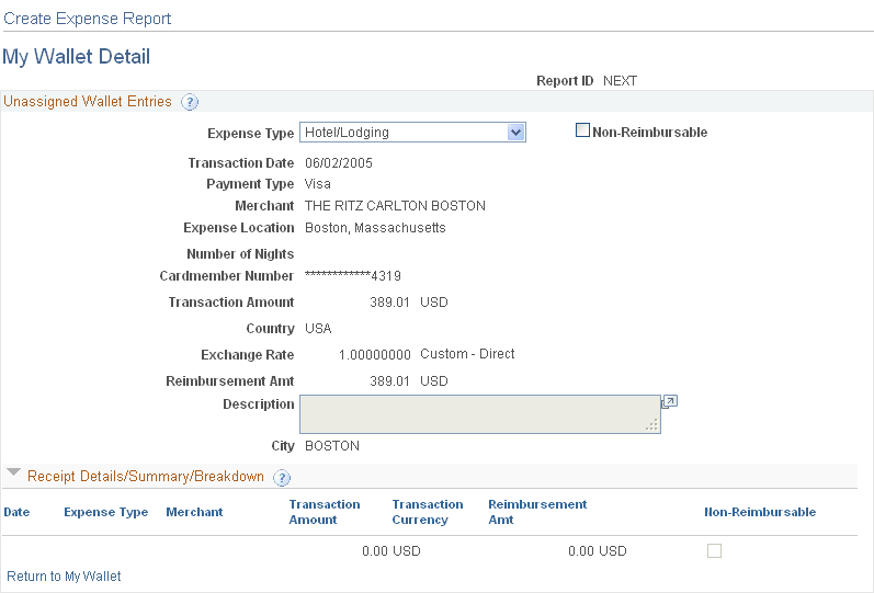 Create Expense Report - My Wallet Detail page