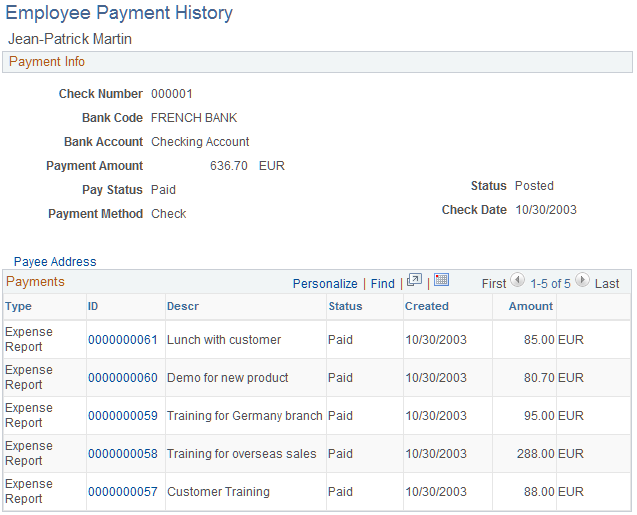 Employee Payment History page