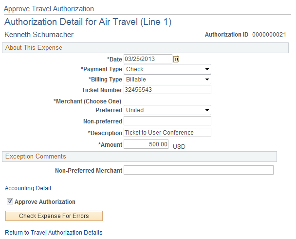 Approve Travel Authorization - Authorization Detail for [expense type] page
