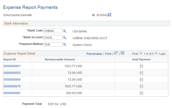 Expense Report Payments page