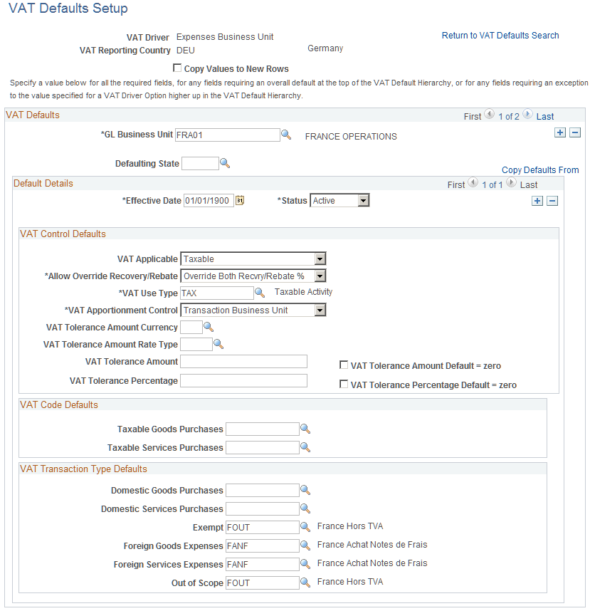 VAT Defaults Setup - VAT Driver: Expenses Business Unit page