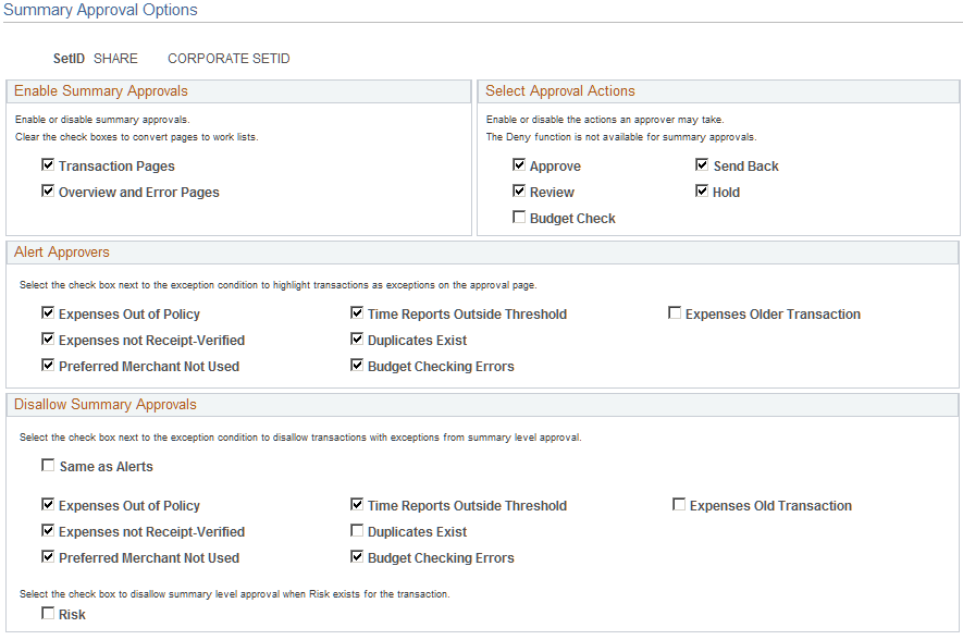 Summary Approval Options page