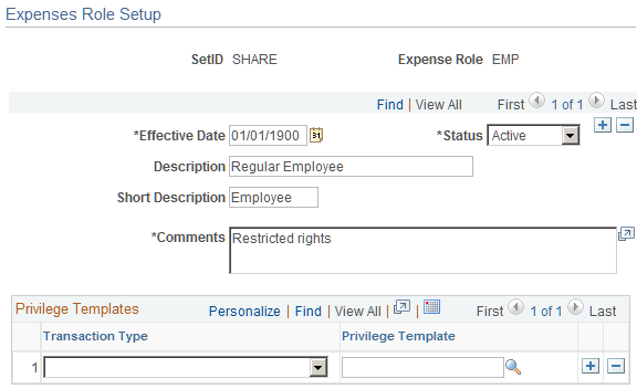 Expenses Role Setup page