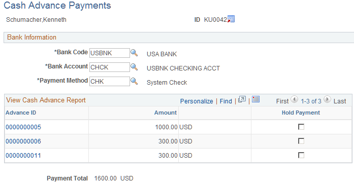 Cash Advance Payments page