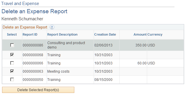 Delete an Expense Report page