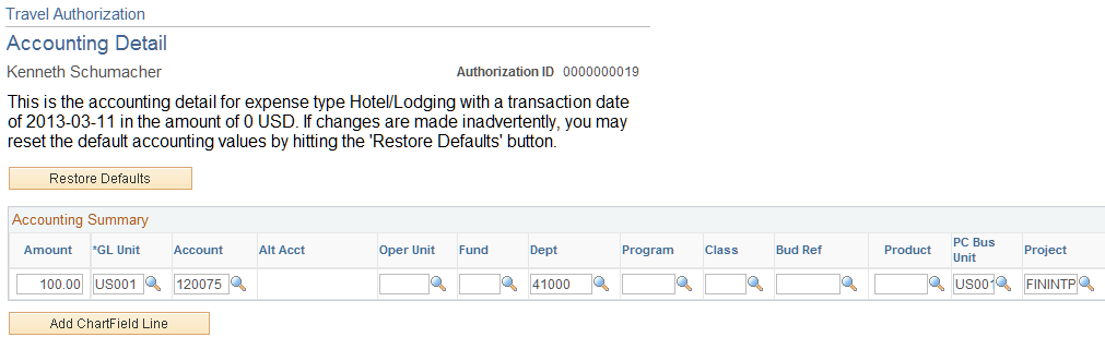 Create Travel Authorization - Accounting Detail page