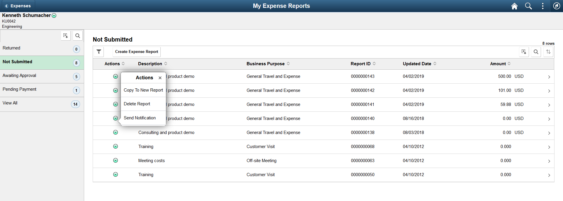 My Expense Report grid