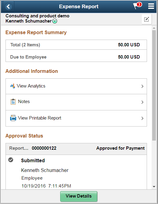 Expense Report Summary page as displayed on a smartphone