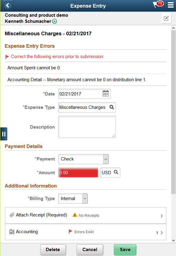 Expense Entry page with error as display on a smartphone