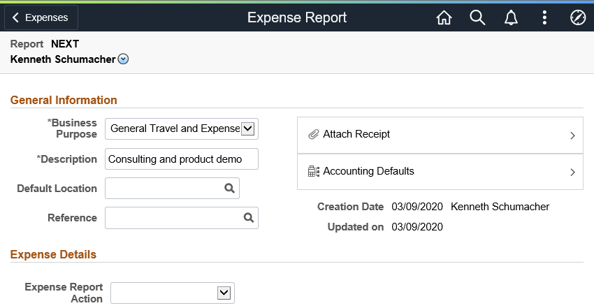 Expense Report page