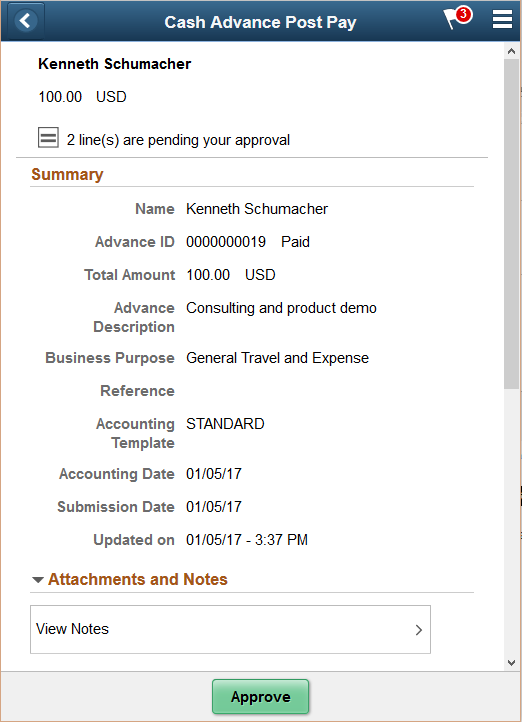 Cash Advance Post Pay header approval page as displayed on a smartphone