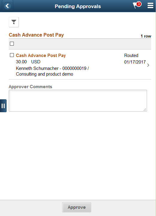 Pending Approvals - Cash Advance Post Pay list page as displayed on a smartphone