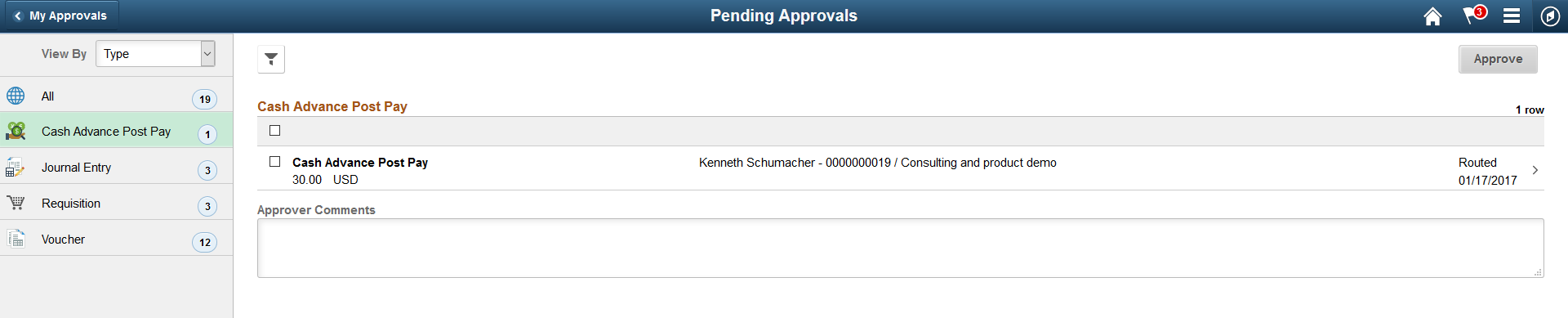 Pending Approvals - Cash Advance Post Pay list page