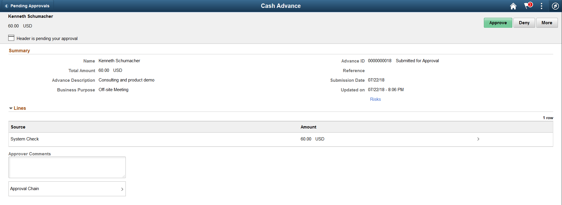 Cash Advance header approval page