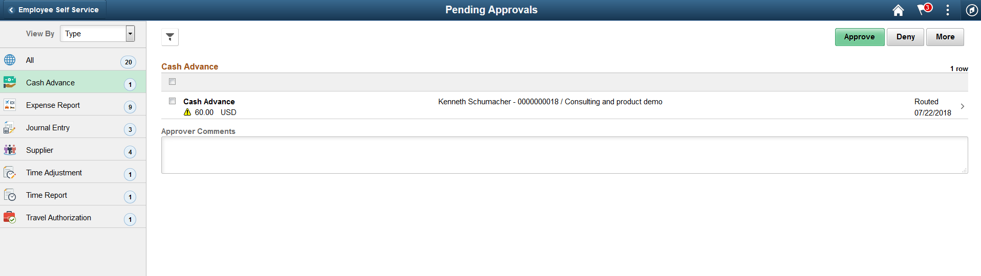 Pending Approvals - Cash Advance list page