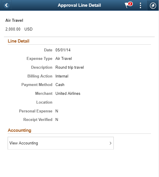 Expense Report Post Pay line detail page as displayed on a smartphone