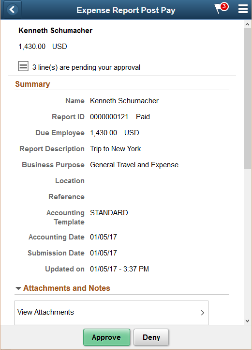 Expense Report Post Pay header approval page as displayed on a smartphone
