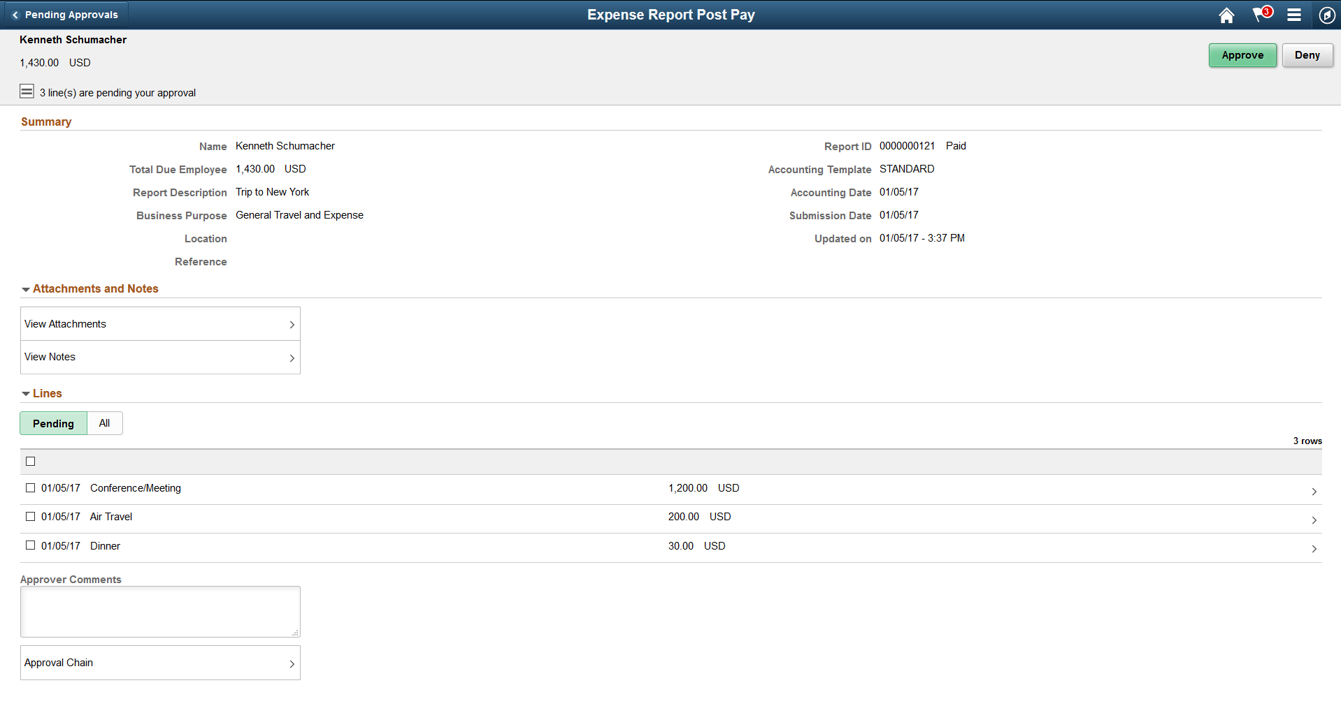 Expense Report Post Pay header approval page