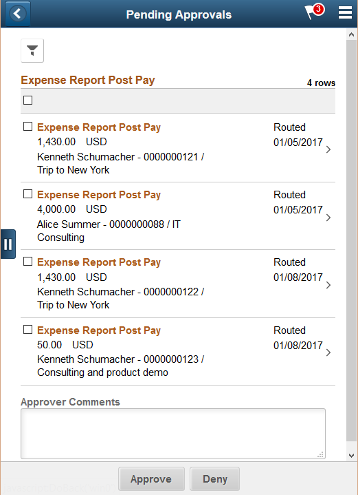 Pending Approvals - Expense Report Post Pay list page as displayed on a smartphone
