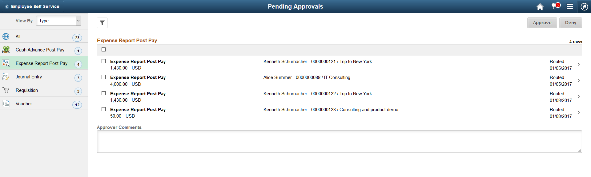 Pending Approvals - Expense Report Post Pay list page
