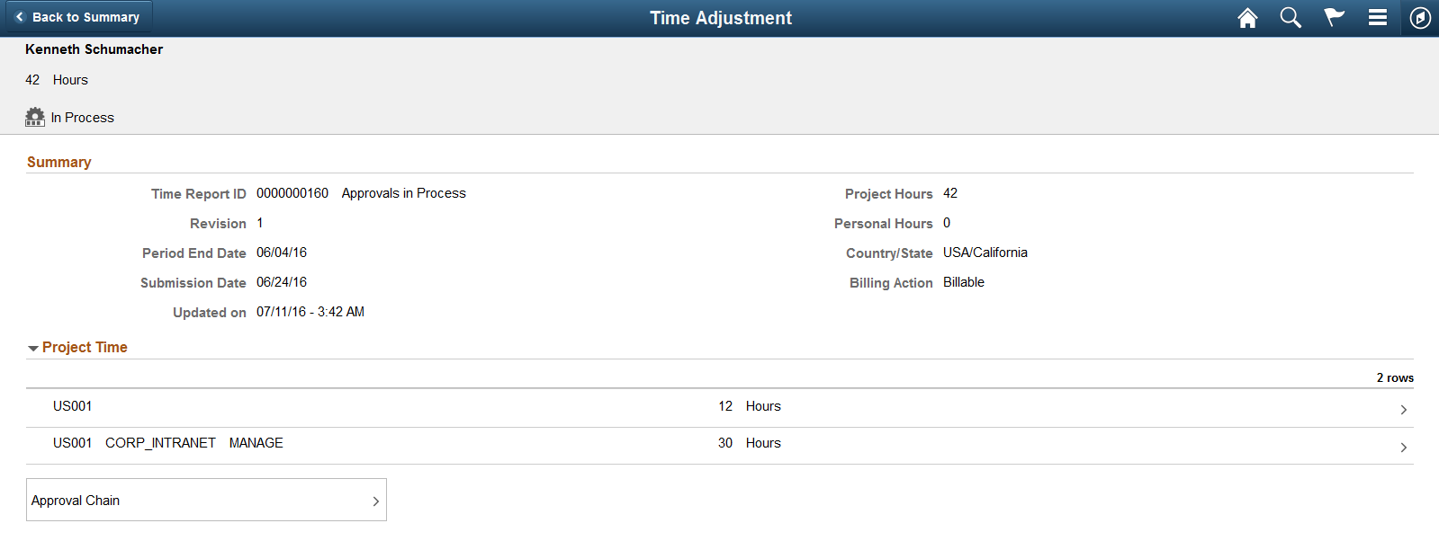 Approval History - Time Adjustment Page (Header Approval)