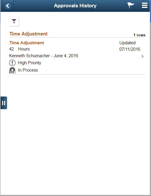 Approvals History - Time Adjustment list page as displayed on a smartphone