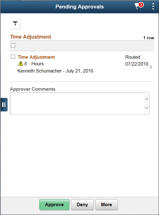 Pending Approvals - Time Adjustment list page as displayed on a smartphone