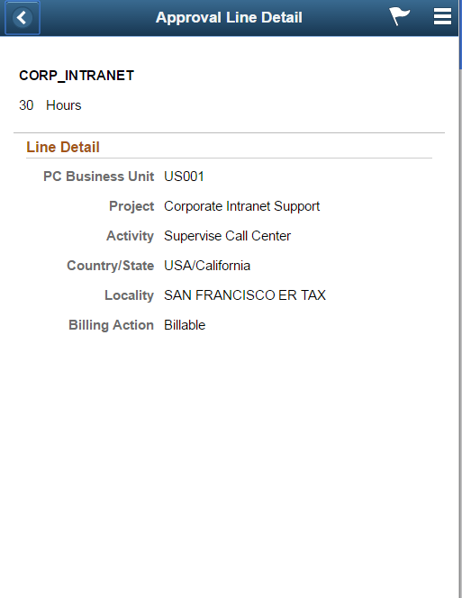 Approval History - Time Report Line approval page as displayed on a smartphone